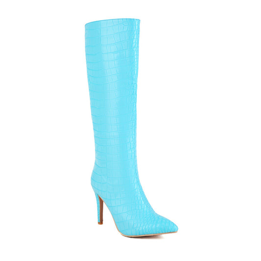 Women Glossy Pointed Toe Stiletto Heel Knee High Boots