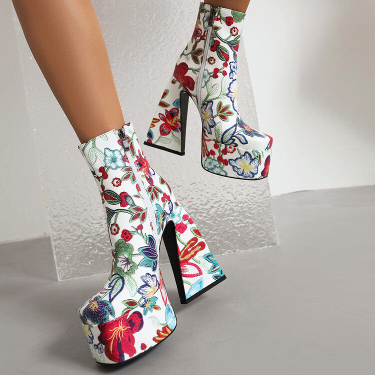 Woman Pu Leather Square Toe Flora Printed Triangle Heel Platform Short Boots