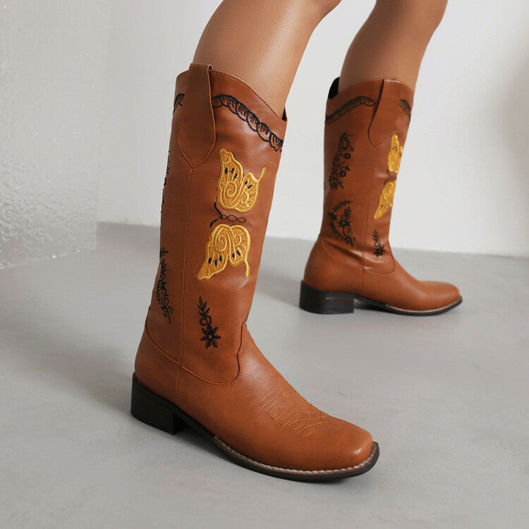 Women Ethnic Embroidery Low Heels Cowboy Mid Calf Boots