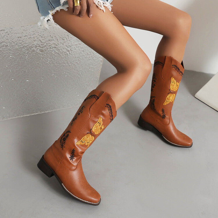 Women Ethnic Embroidery Low Heels Cowboy Mid Calf Boots