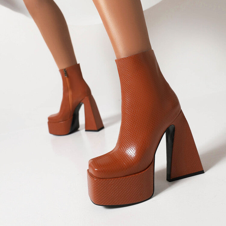 Woman Pu Leather Triangle Block Heel Platform Short Boots