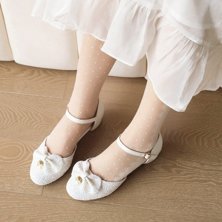 Women Glittery Sequins Round Toe Bow Tie Block Chunky Heel Sandals