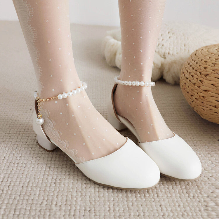 Women Round Toe Pearls Beads Ankle Strap Block Chunky Heel Sandals