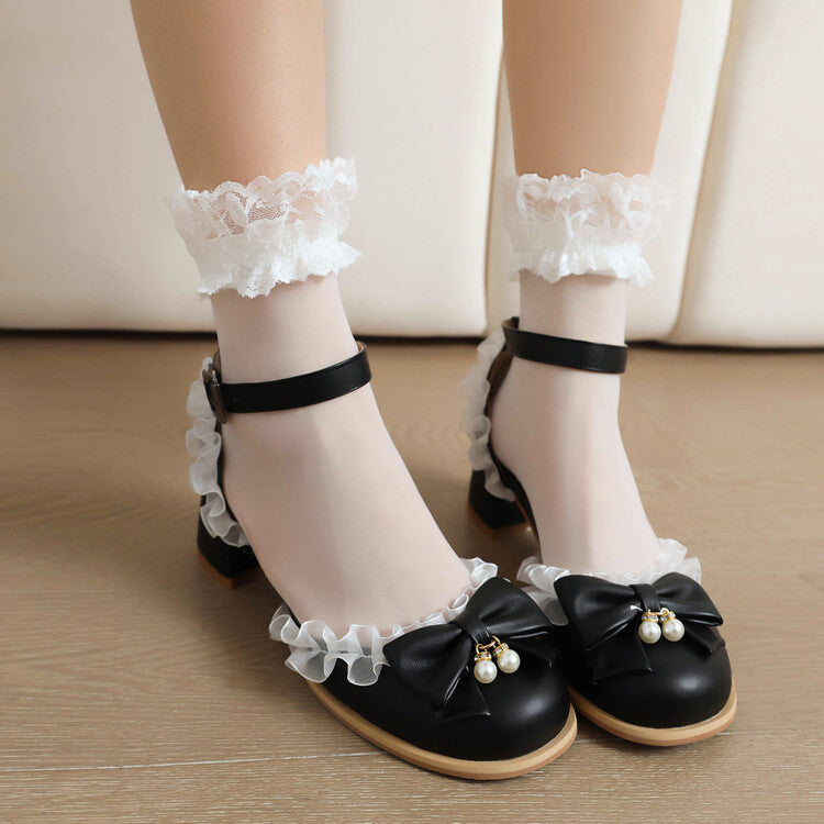 Women Lolita Lace Ankle Strap Block Chunky Heel Sandals