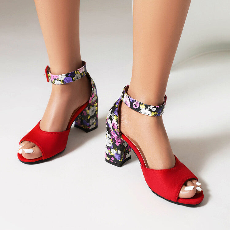 Women Bicolor Peep Toe Ankle Strap Block Heel Sandals