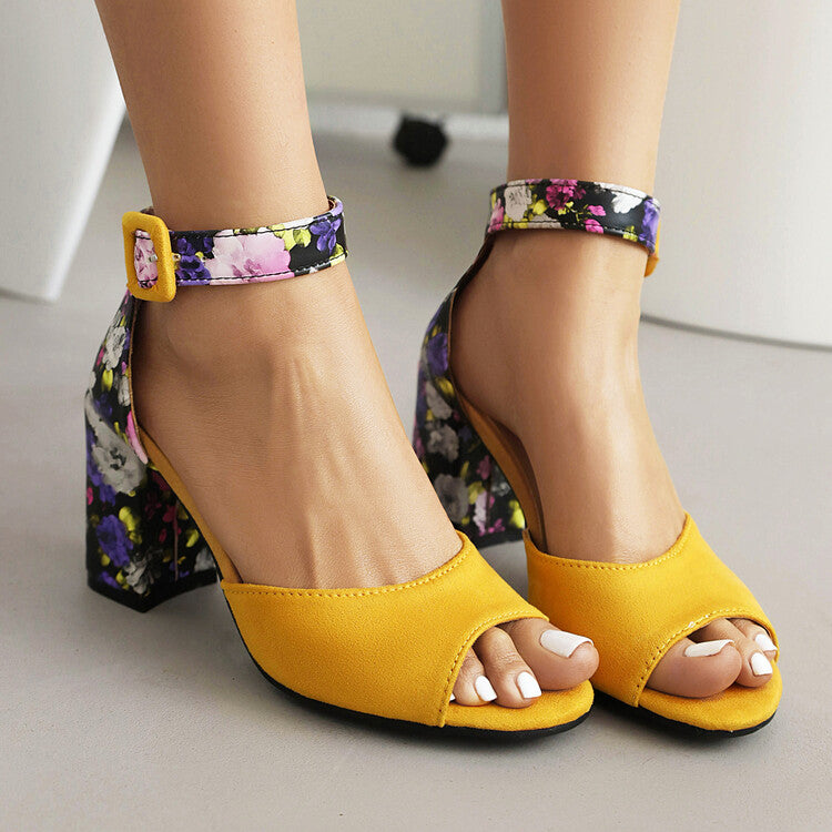 Women Bicolor Peep Toe Ankle Strap Block Heel Sandals