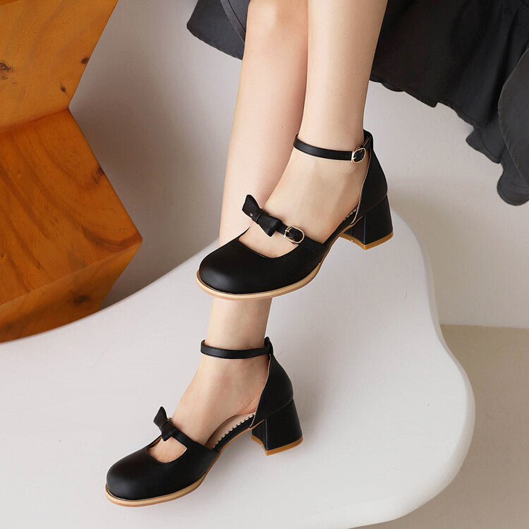 Women Round Toe Bow Tie Ankle Strap Block Chunky Heel Sandals