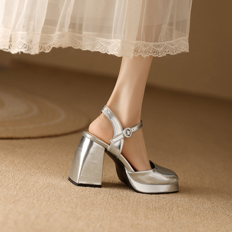 Women Square Toe Patent Block Heel Platform Sandals