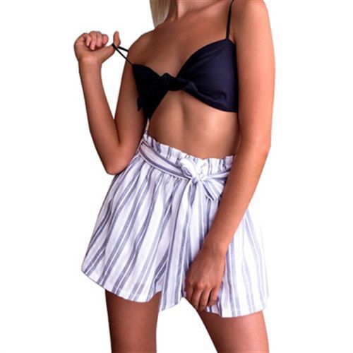 Stripe with Belt Wide-leg Casual Women Shorts