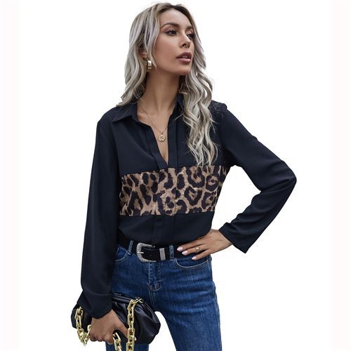 Fashion Loose V-neck Split Joint Leopard Print Shirt Women Blouses