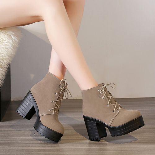 Women Lace Up Suede High Heels Short Boots