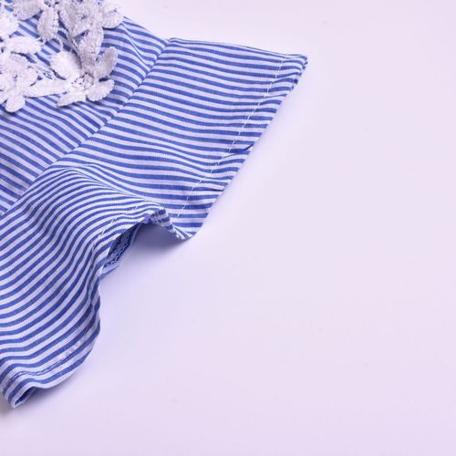 Stripe Split Joint Hollow Out Lace Short Sleevesshirt Women Blouses