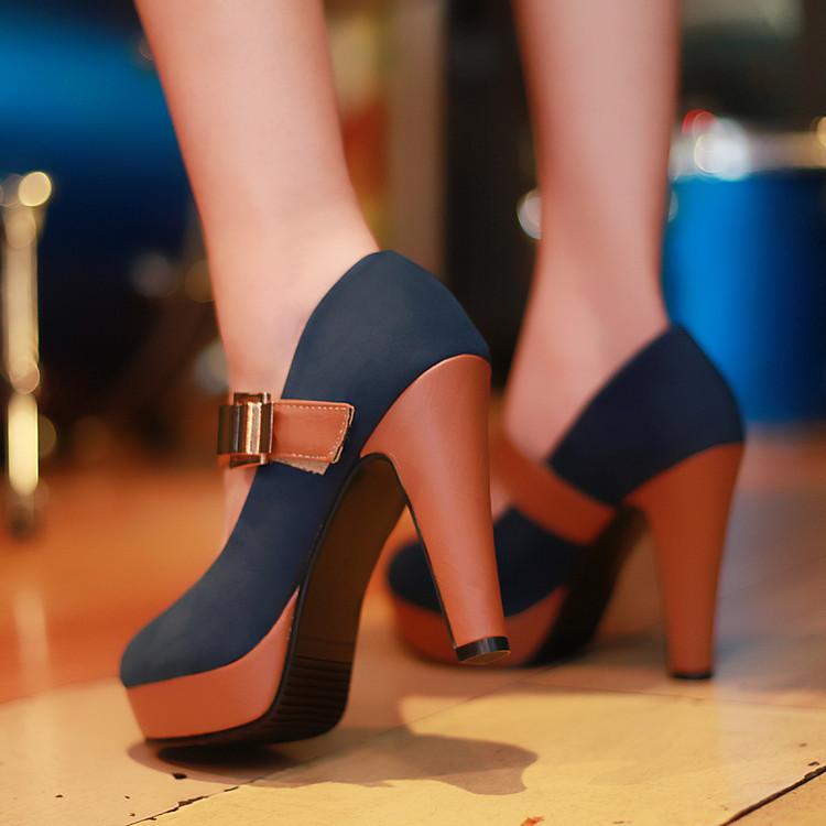 Leisure High Heeled Shallow Mouth One-word Button Round Head Platform Pumps Large Size