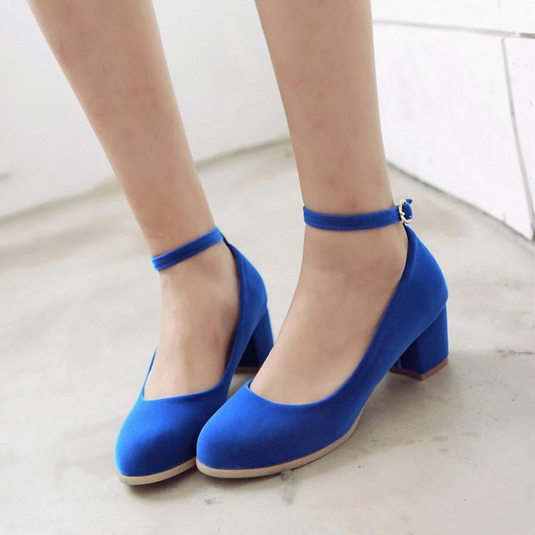 Ankle Straps Suede Women Pumps Thick Heeleded Shoes