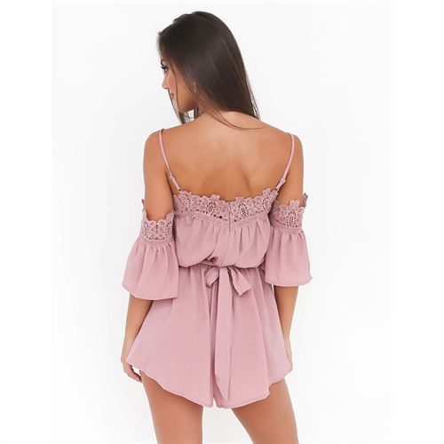 Lace Split Joint Sexy Backless Shoulder Lace-up with Belt Chiffon Jumpsuits