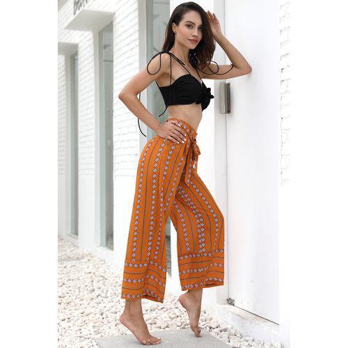 Printed Sexy Belt High Waist Loose Cropped Casual Wide-leg Straight Women Casual Pants