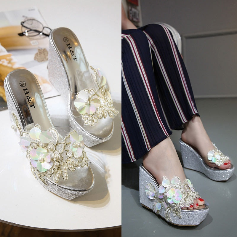 Women Shoes Korean Sweet Beaded Flowers Transparent Slippers Sandals