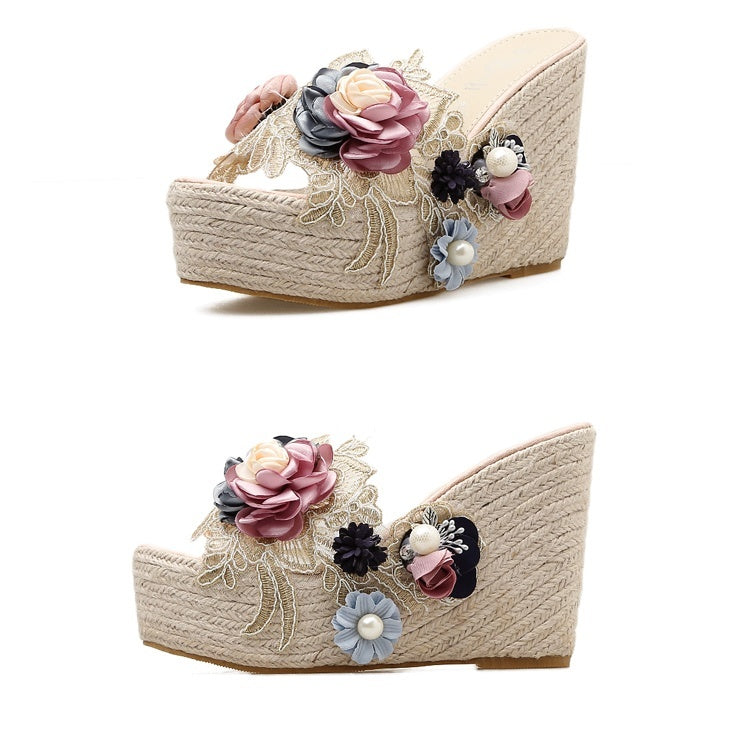 Beach Women Shoes Summer Flowers Pearl Transparent Wedge Sandals