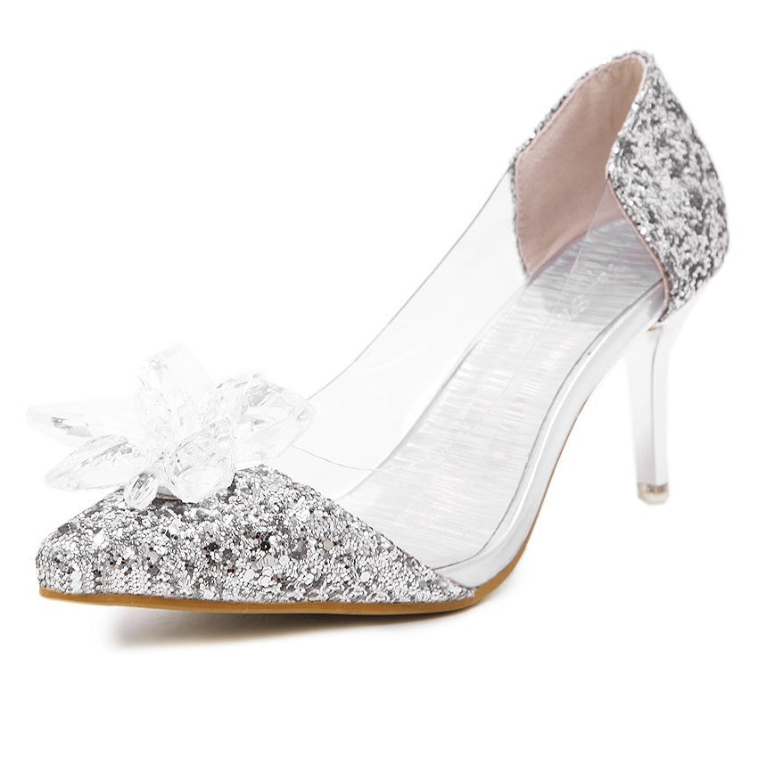 Pointed Toe Wedding Crystal Shoes Sequined High-heeled Women Pumps