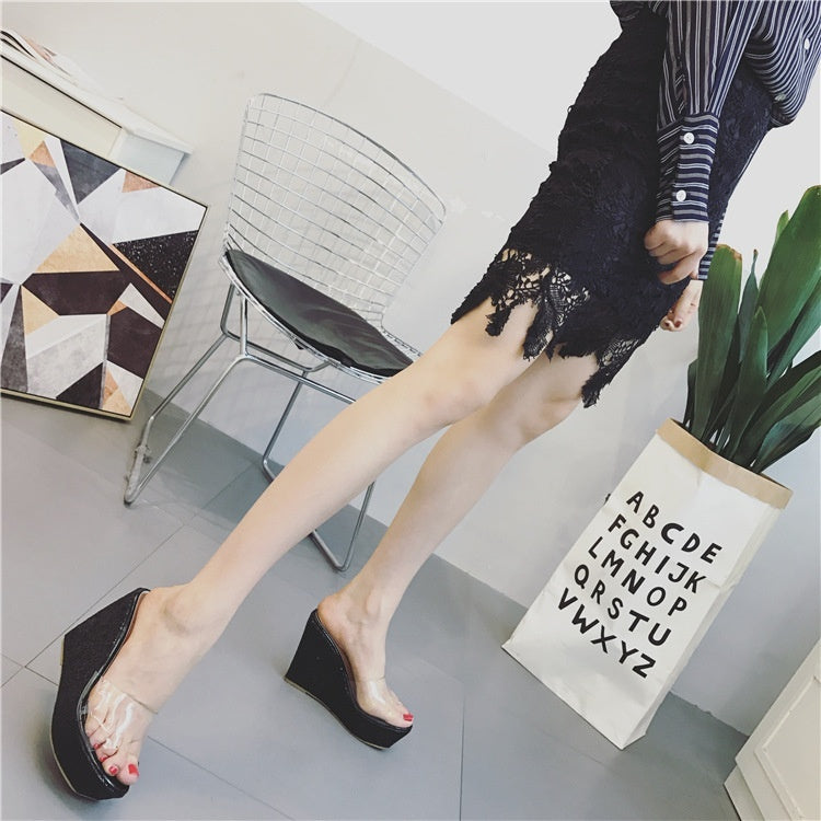 Korean Summer Women Shoes Transparent Sequined Wedges Sandals Slippers