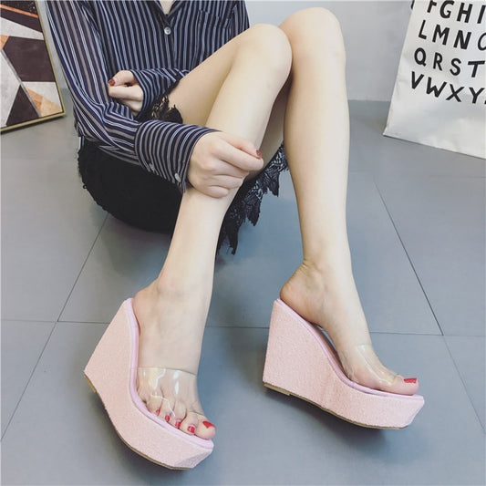 Korean Summer Women Shoes Transparent Sequined Wedges Sandals Slippers