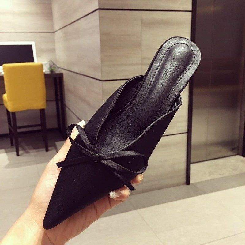 Korean Women Shoes Pointed Toe Bowtie Medium-heeled Slippers