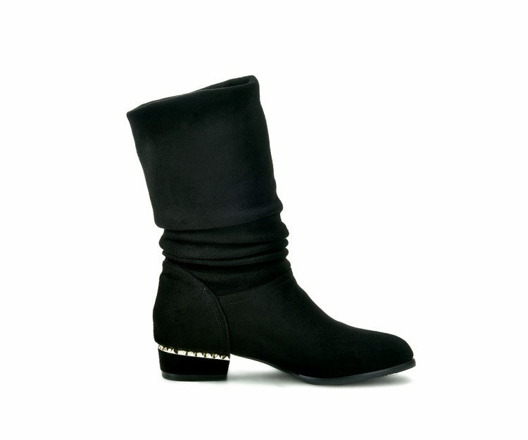 Woman's Velvet Low Heeled Tassel Mid Calf Boots