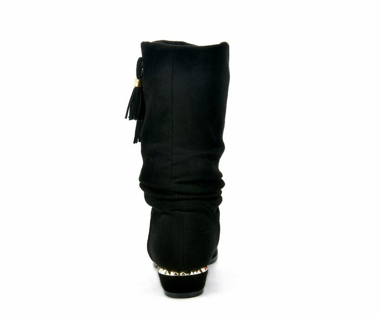 Woman's Velvet Low Heeled Tassel Mid Calf Boots