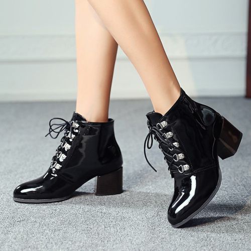 Women Patent Leather High Heels Motorcycle Boots