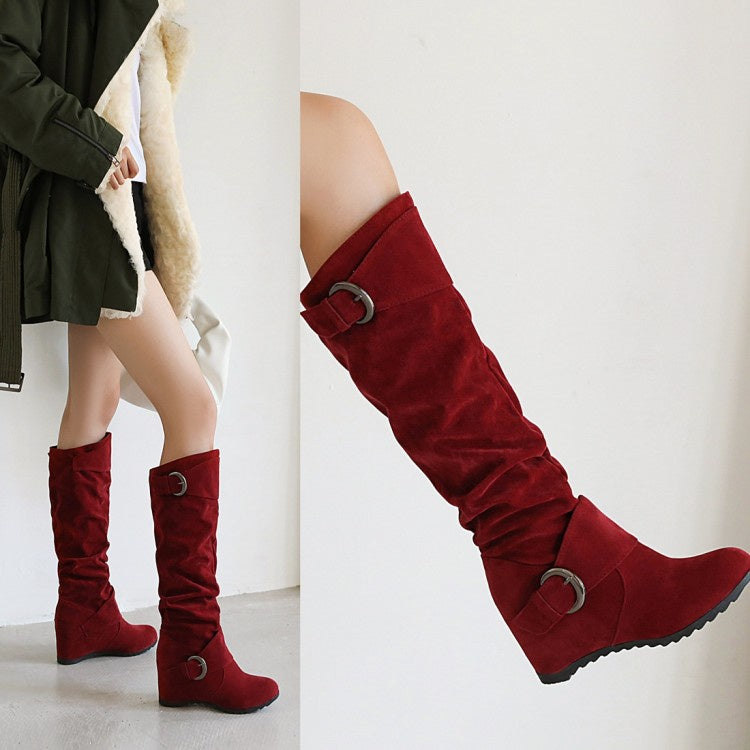 Buckle Belt Wedge Heeled Tall Boots Woman Shoes