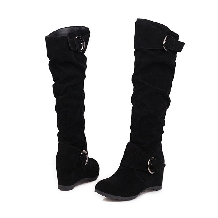 Buckle Belt Wedge Heeled Tall Boots Woman Shoes