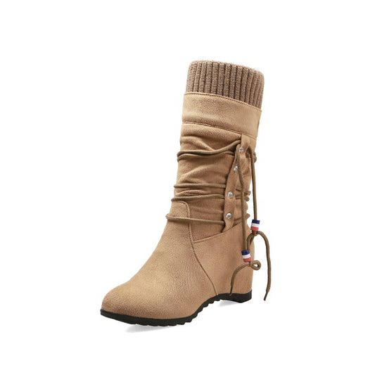 Woman's Wedges Heeled Mid Calf Boots Shoes Woman