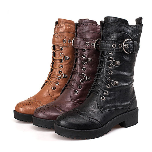 Woman's Lace Up Mid Calf Knight Boots Shoes Woman