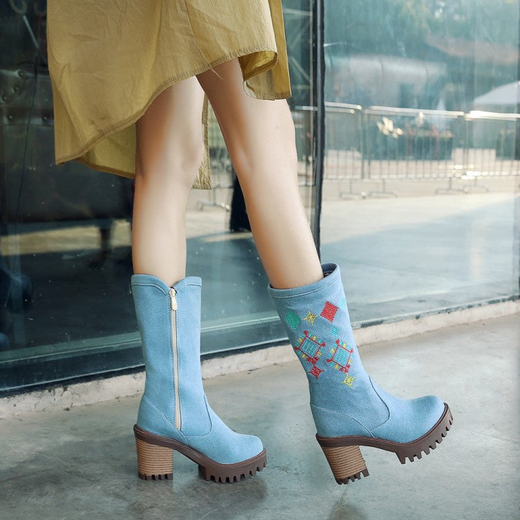 Woman's Embroidery Mid Calf Boots Shoes Woman