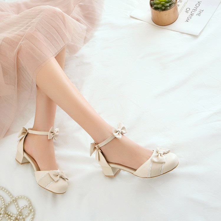 Woman Double Bow Tie Mary Jane Mid Heels Sandals