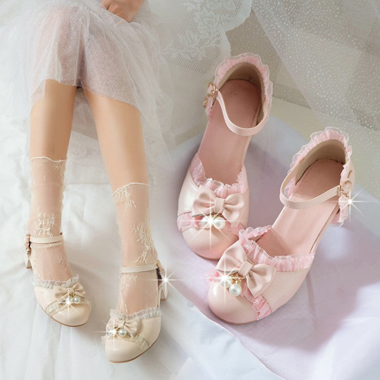 Woman Lace Bow Tie Mary Jane Mid Heels Sandals