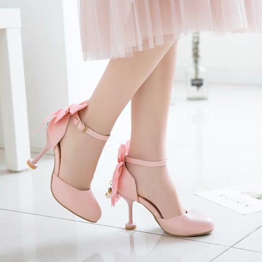 Woman Pearl Bow Tie Mary Jane High Heels Sandals