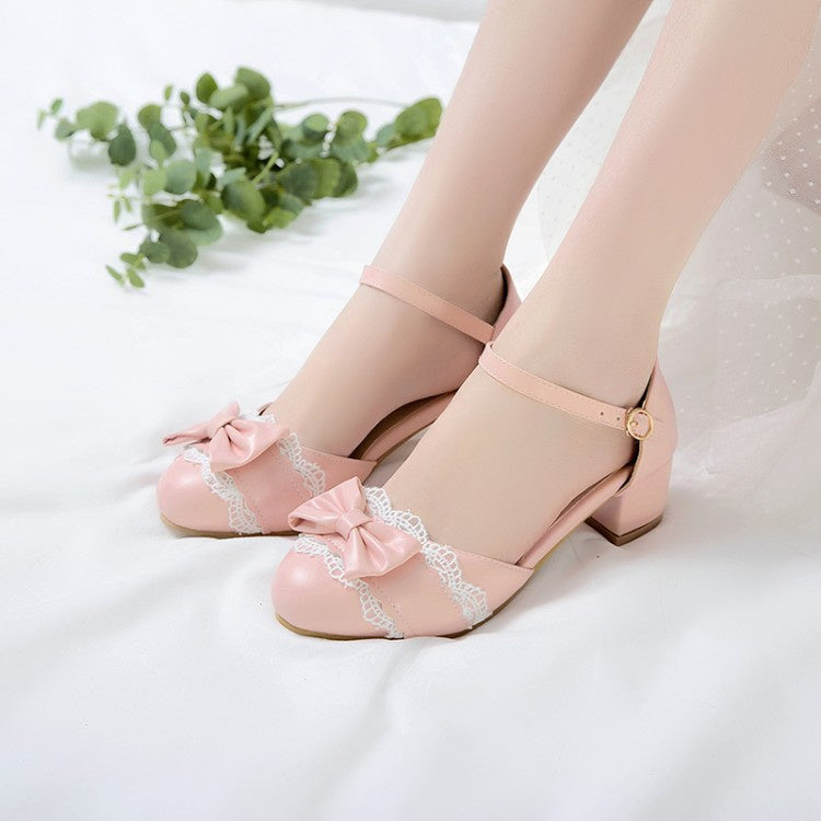 Woman Lace Bow Tie Mary Jane Mid Heels Sandals