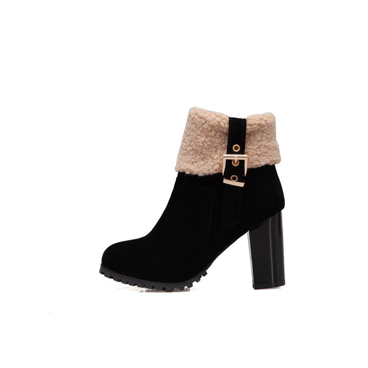 Woman Buckle Wool High Heel Ankle Boots