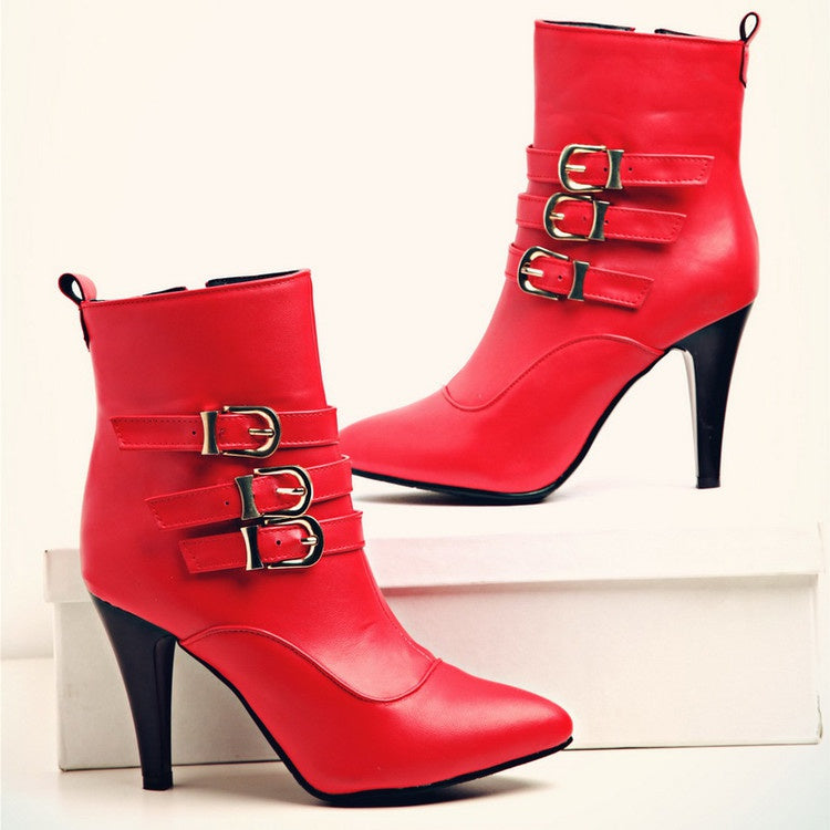 Woman Pointed Toe Buckle High Heel Ankle Boots