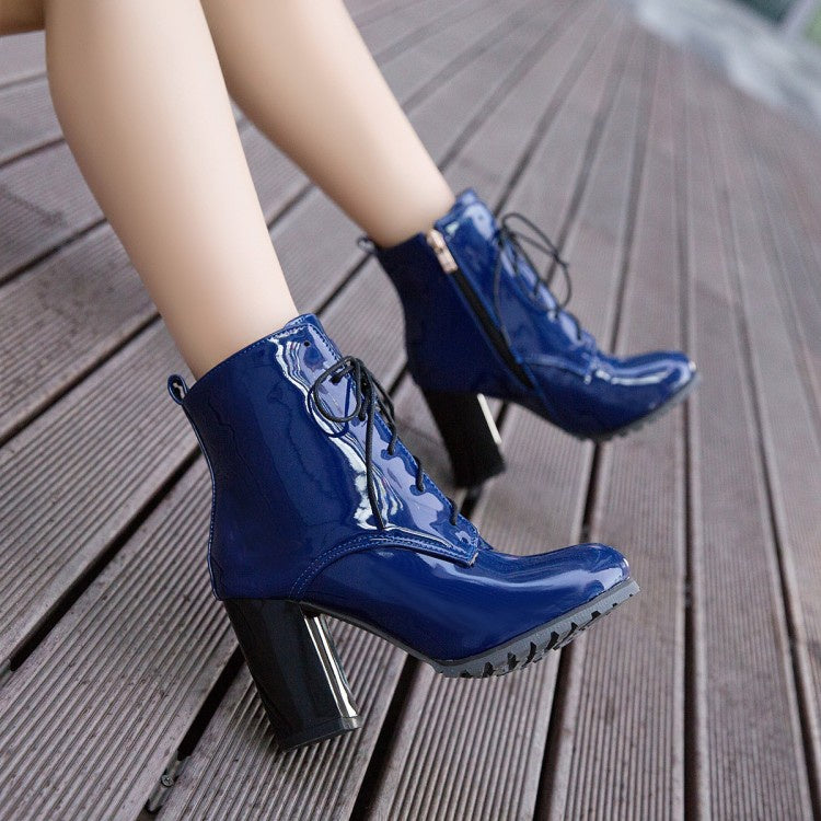Woman Zipper Lace Up High Heel Ankle Boots
