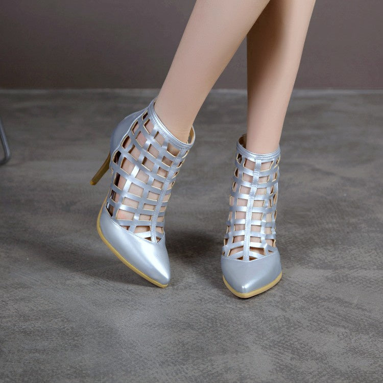 Woman Pointed Toe Cut Out High Heel Ankle Boots