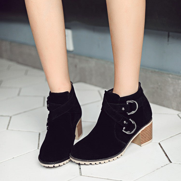 Woman Buckle Block High Heel Ankle Boots