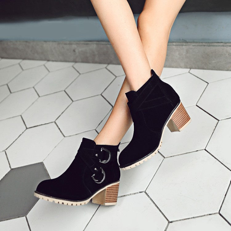 Woman Buckle Block High Heel Ankle Boots