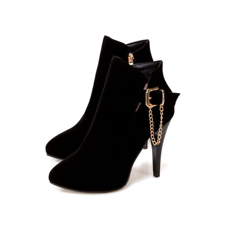 Woman Pointed Toe Chains High Heel Ankle Boots