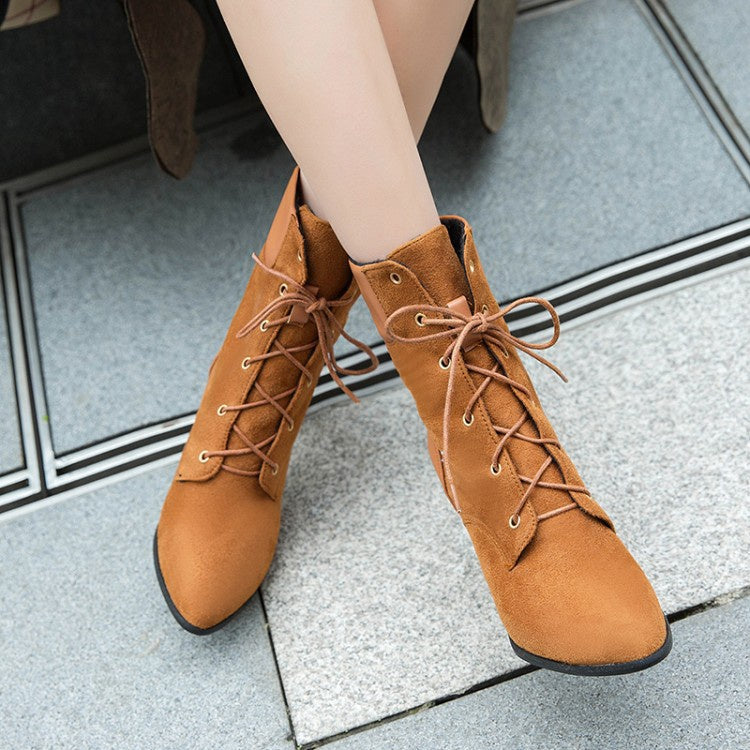 Woman Lace Up Chunky High Heel Ankle Boots