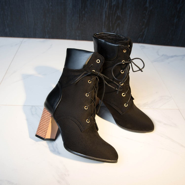 Woman Lace Up Chunky High Heel Ankle Boots