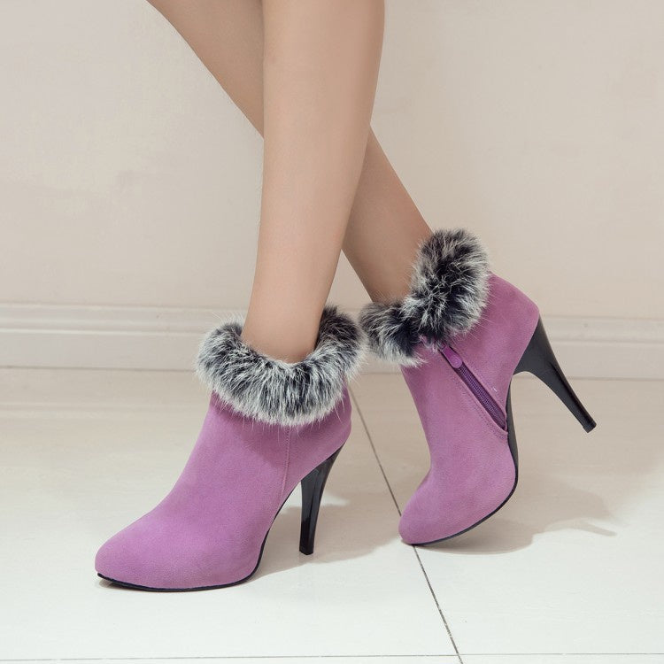 Woman Furry Stiletto High Heel Ankle Boots