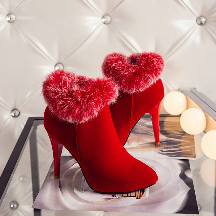 Woman Furry Stiletto High Heel Ankle Boots