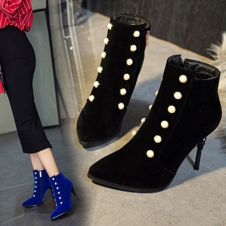 Woman Pointed Toe Pearl Stiletto High Heel Ankle Boots